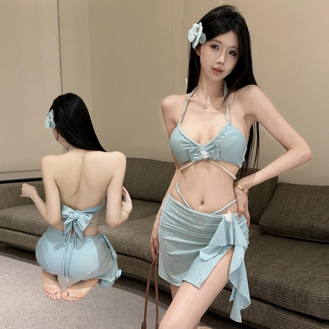 【梨卡】隔日到貨 三件式泳裝 泳衣 比基尼 泳裝 珍珠綁帶 度假泳衣 溫泉比基尼 夏天泳衣 FC149, 天藍色