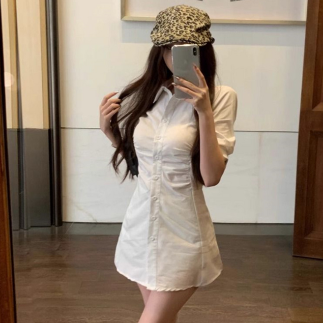 besteffie 여성 심플 고급스러운 여름 봄 패션 셔츠 원피스 슬림핏 버튼업 레이어드 여자 섹시 기본 미니 원피스 Q58