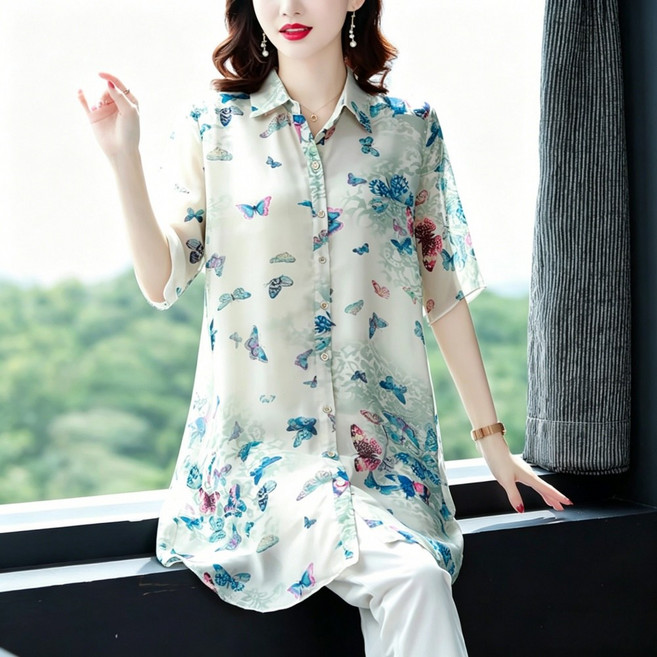 Makone 여성 셔츠 여름용 루즈핏 쉬폰 블라우스 나비 프린트 40대 50대 엄마옷 반팔 하프상의