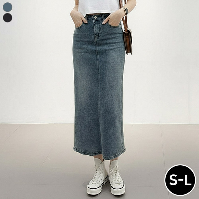 블레스유 여성 데님치마 H라인 뒷트임 롱스커트 청치마 데님롱스커트 워싱 치마