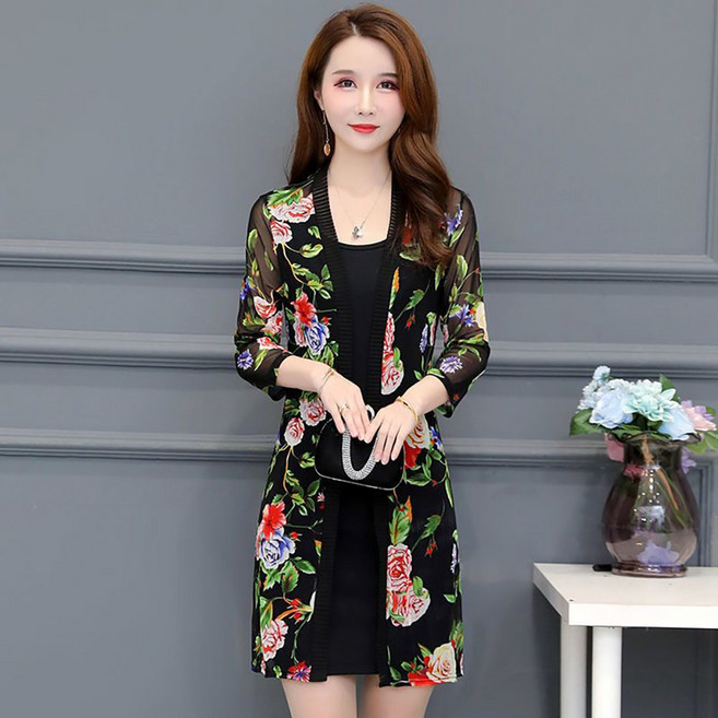 ROYALBELLE 여성 빅사이즈 시스루 가디건 롱기장 루즈핏 레이스 얇은 자외선차단 가디건 F0052330