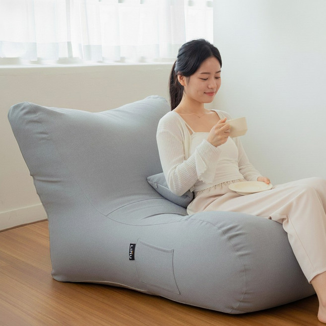 LINU 리누 체어 빈백 대형 1인 쇼파 북유럽스타일 의자 + 캔디쿠션, 라이트 그레이