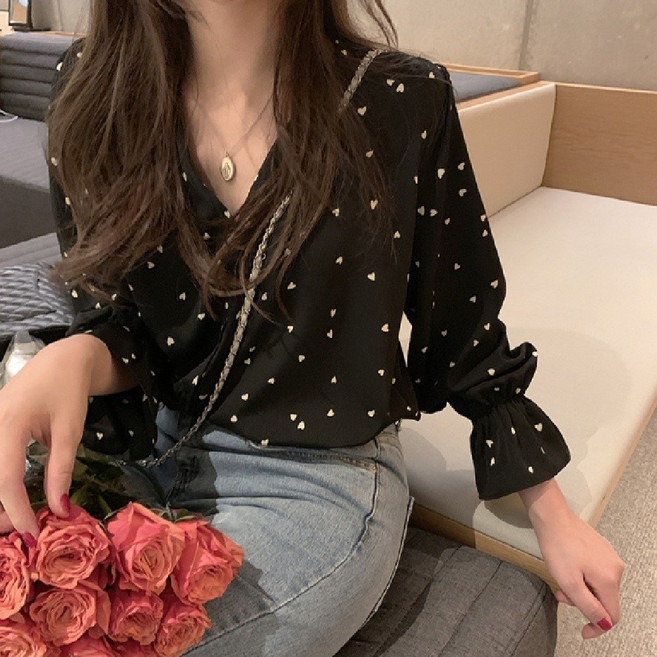 마리하우스 미니하트 도트 쉬폰 프릴 실크 블라우스