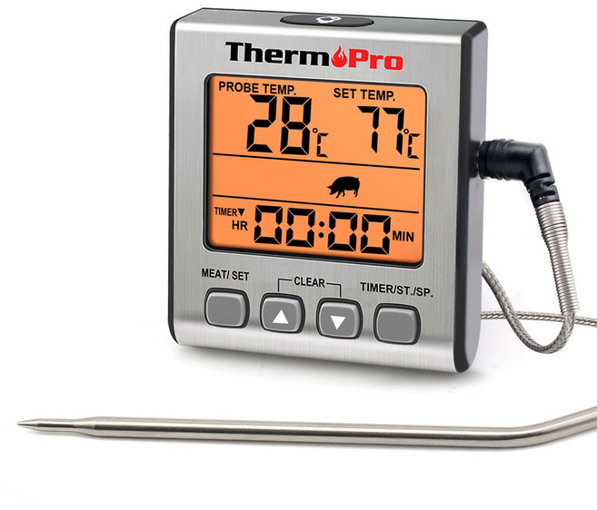 온도측정 온도측정기 적외선온도계 온습도계 thermopro tp16s 백라이트 디지털 바베큐 오븐 그릴 고기 온도계 프로브 카운트 다운 주방 타이머 호환, 없음, 1개