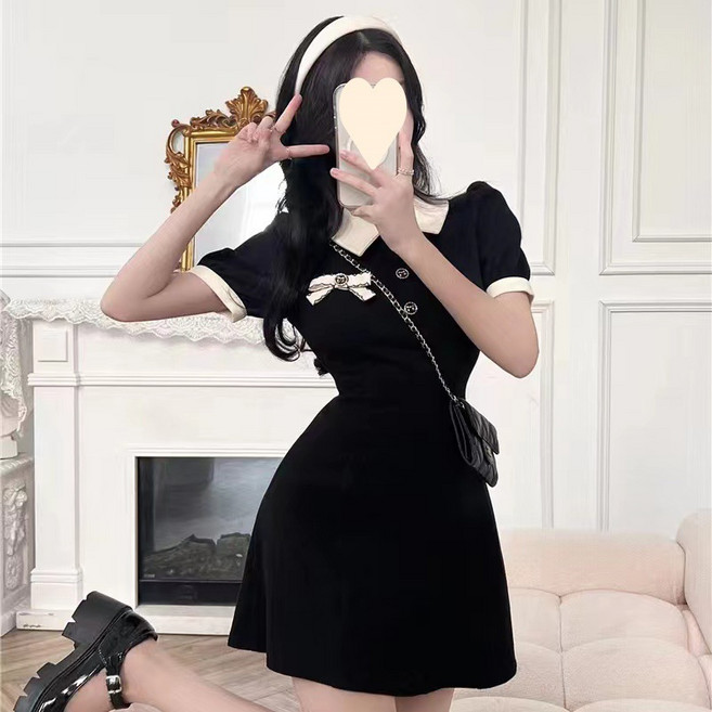 【心機顯瘦】黑色連衣裙 短裙 連衣裙女 夏季連衣裙 短袖連衣裙 收腰A字裙 Polo領設計 小性感女神風 2025夏季新款, CQG2350黑色
