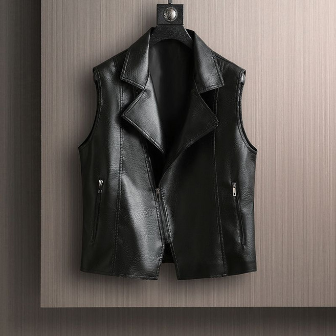 FINE ART 남성 여성 PU 가죽 조끼 카라 베스트 민소매 재킷 오버핏 가디건 집업 점퍼 봄가을 코트 남녀공용