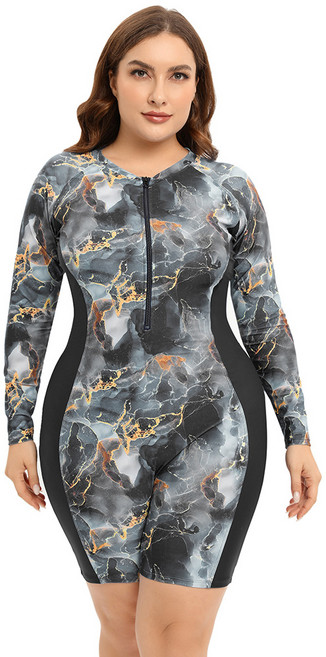 大碼連體泳衣女保守女士潛水服印花大碼長袖泳裝