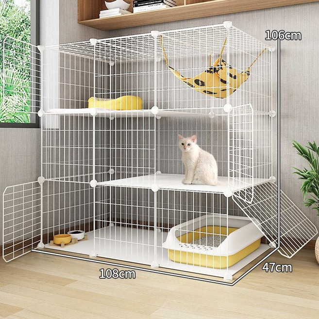 고양이 격리장 캣타워 펜스형 케이지 철제 사육장 숨숨집, 디럭스 사다리+둥지+해먹+기본, 1개, 초대형 3단 [108x47x106]