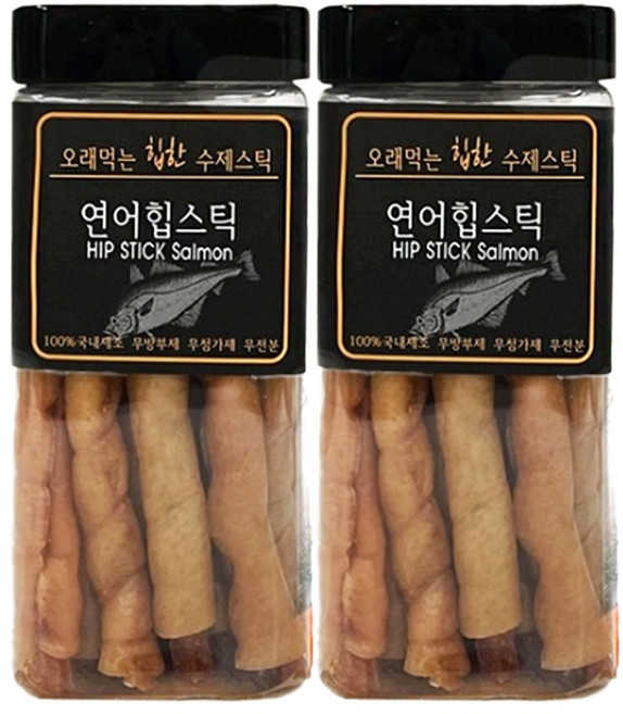 강아지 오래먹는 수제 간식 100% 국내산 돈피 개껌 힙스틱, 2개, 250g, 연어