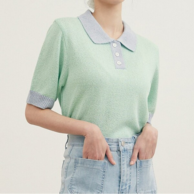 [로엠(비노출)] [로엠] 배색 카라 반팔 스웨터 (RMKAD24R15-T)