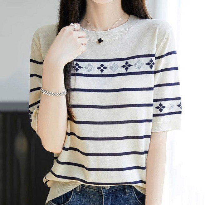 KAQIA 여성 여름 반팔니트 라운드넥 루즈핏 니트반팔티 MM0102