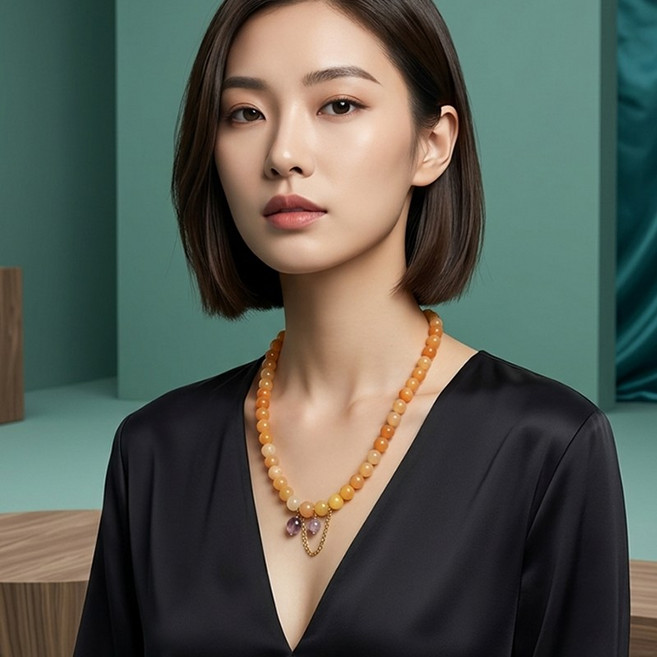 프라토 감성 레이어드 오렌지색 비즈 목걸이 & 작은 펜던트 단 하나로 완성되는 고급스러운 스타일