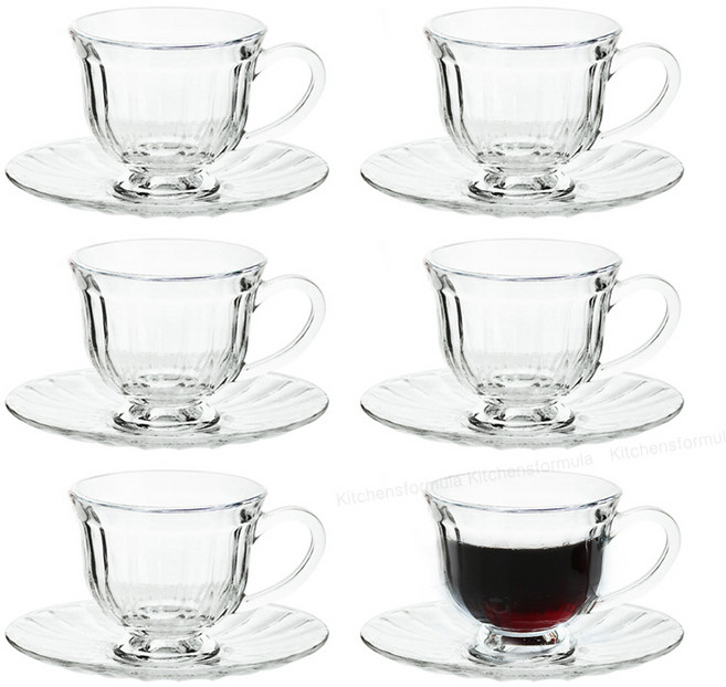 루미에 글라스 찻잔+받침세트, 6세트, 투명