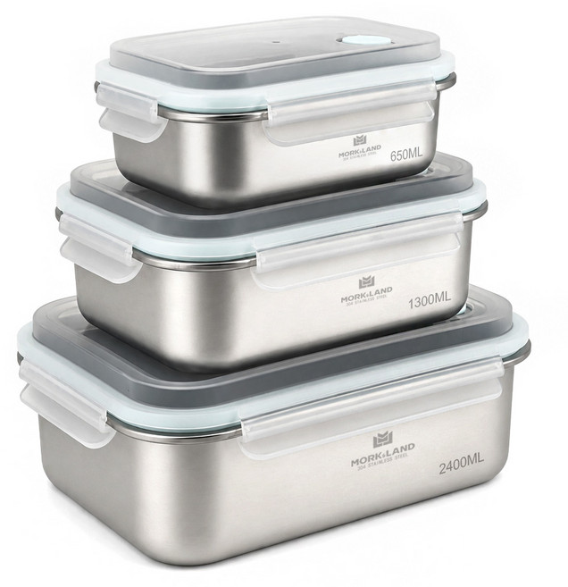 MorkLand 무연마제 공정 304 스텐 밀폐용기 세트 투명뚜껑 사각 반찬통 3종, 1세트, 650ml+1.3L+2.4L