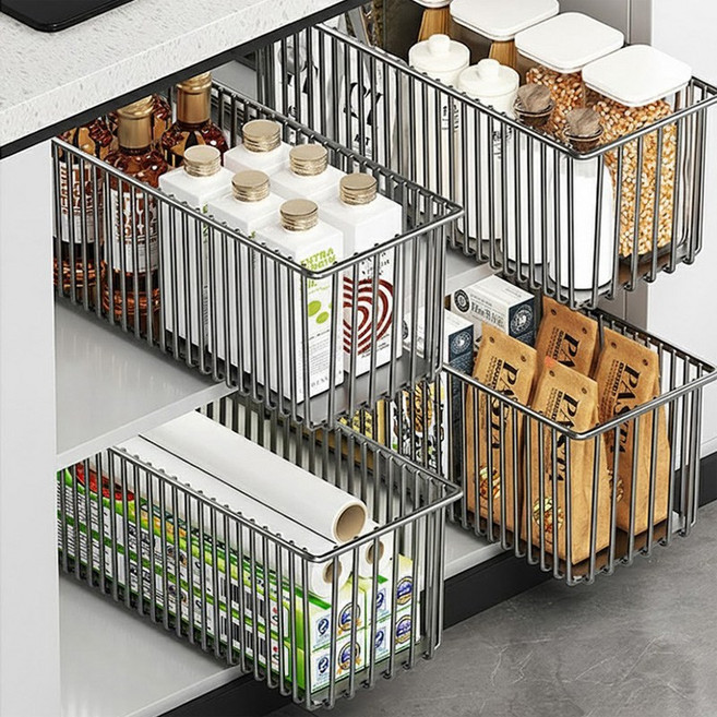 무타공 슬라이딩 선반 싱크대 레일 주방 양념통 하부장 정리 선반, 슬라이딩 선반 LSH-16, 블랙