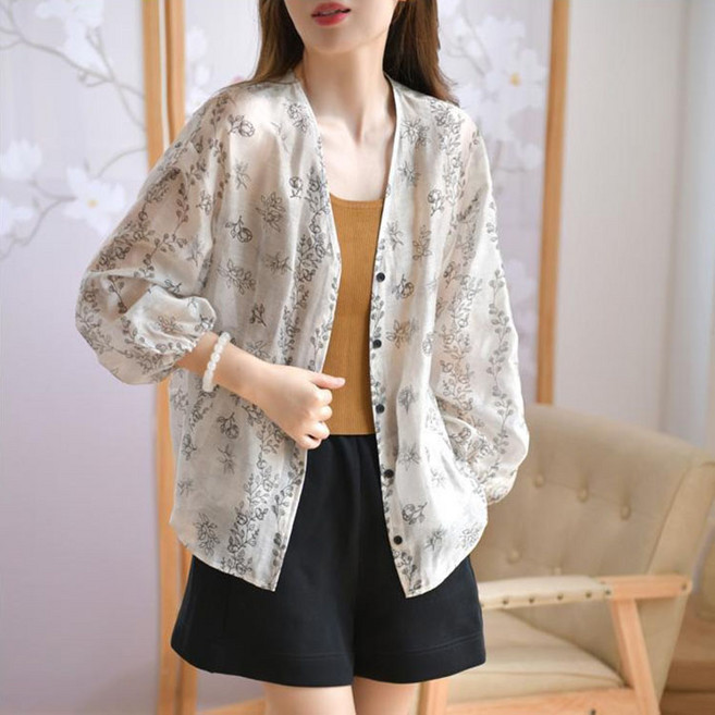 다중성 여성 플라워 쉬폰 긴팔 자외선 차단 얇은 코트