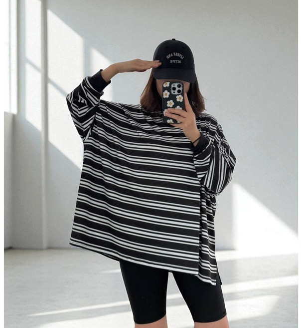 하니비키 빅사이즈 스트라이프 루즈핏 줄무늬 단가라 55에서 99까지 커버 긴팔 몸매커버 자외선차단 래쉬가드 바캉스 휴가 캠핑룩