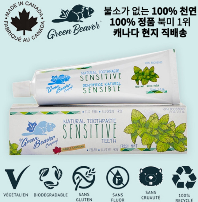 북미 1위 그린비버 불소가 없는 100% 캐나다 천연 치약 8종(민감한 치아 고수 민트 과일 오렌지 스타 아니스 스피어민트 시나몬 계피 프로스티드 민트), 74g, 1개