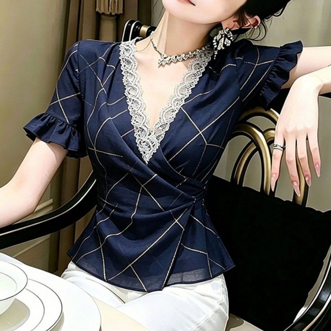 PEROLA 여성 여름 브이넥 슬림 반팔 티 레이스 패치 허리 조임 프릴 소매 셔츠