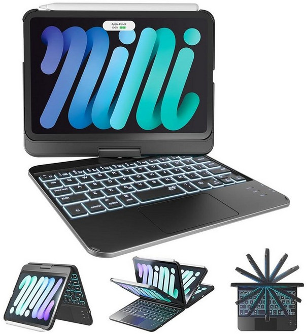 NOKBABO 아이패드 미니 7(A17 프로 2024) 및 미니 6용 키보드 케이스 360° 회전 가능한 노트북 같은 커버 트랙패드 포함 무선 블루투스 및 레인보우 백라, 블랙
