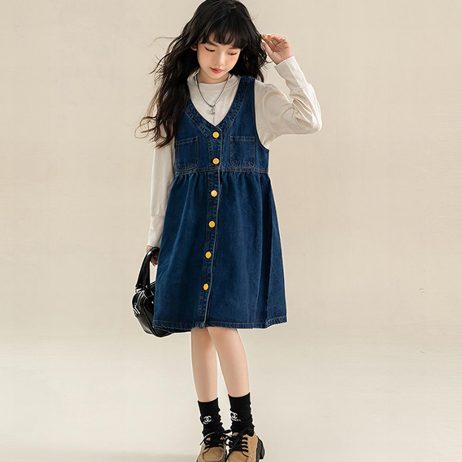 베비포 초중생 카라리스 스판 긴팔티 데님 원피스 세트 -WD1