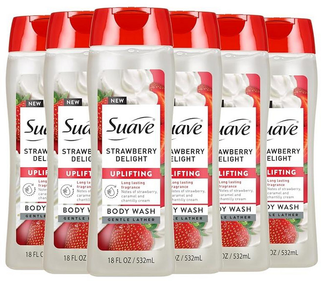 Suave Strawberry Delight 업리프팅 바디 워시 글리세린과 비타민 E가 함유되어 피부에 수분을 공급하고 부드럽게 클렌징합니다. 532.3ml(18온스) 6팩