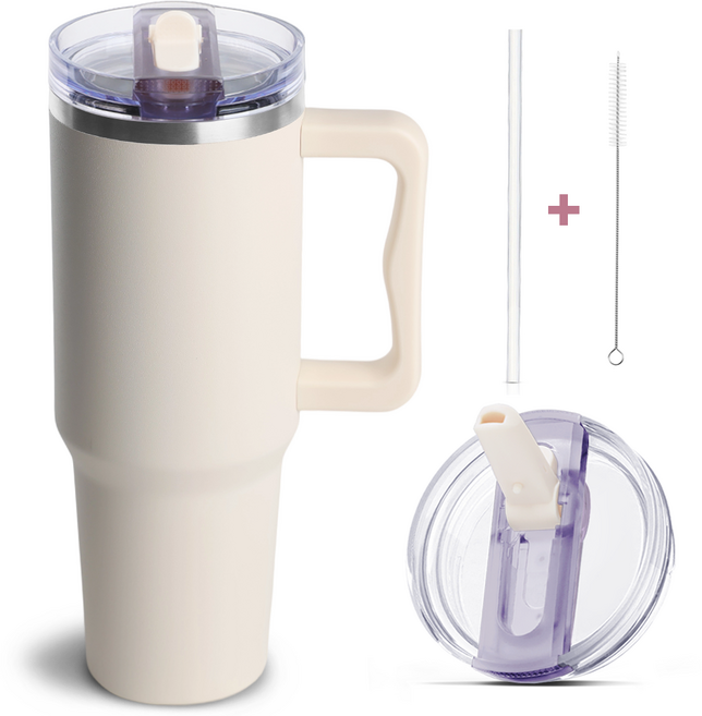 Gaayou 1.18L대용량 스텐 텀블러 + 빨대 포함 이중 보온 보냉병 물샘 방지 노즐 분리 세척 가능 손잡이형 차량용 캠핑용 591ml/887ml/1180ml, 베이지, 1개, 1180ml
