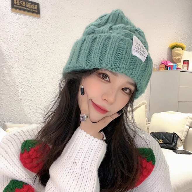 미즈코스 꽈배기 패치 니트 롱비니 모자 뜨개 비니 도톰 골지