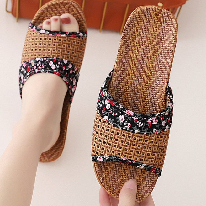 JUN팩토리 여성 남자 라탄 린넨 왕골 슬리퍼 등나무기본라탄 대나무 여름 실내 거실용 실내화, 블랙, 1개