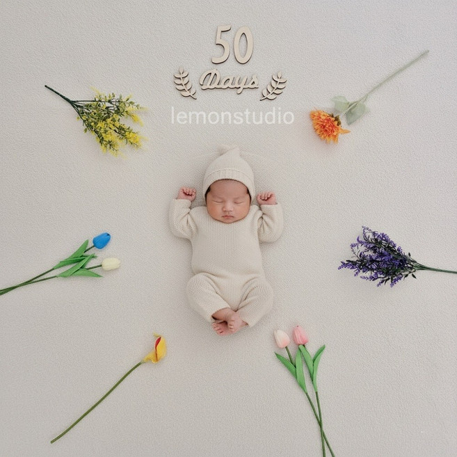 50일셀프촬영 플라워포토존 아기촬영소품 조화 꽃 50days 우드토퍼포함 풀세트, 1개