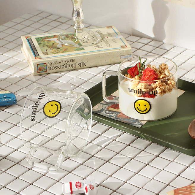 얘스리빙 스마일 머그 내열 시리얼 요거트 컵 볼 유리 잔 500ml, 1개