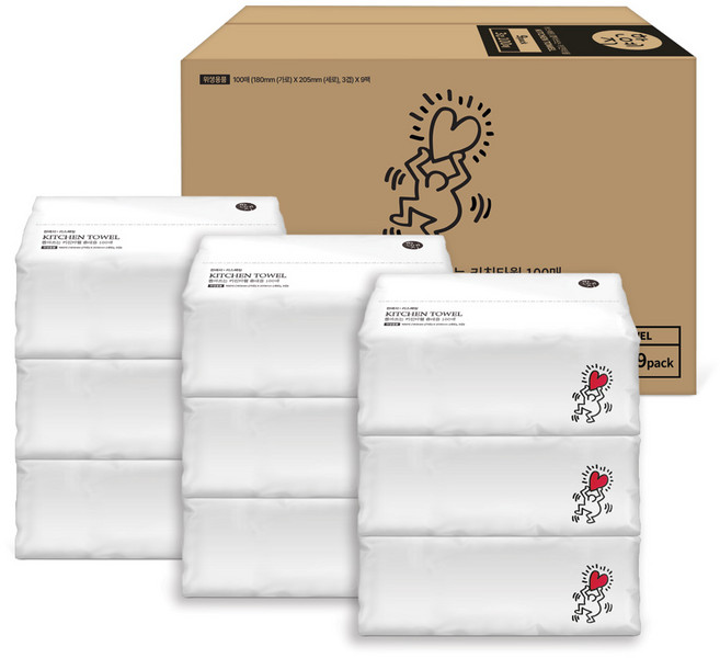 한예지 키스해링 3겹 휴대용 뽑아쓰는 키친타올 100매, 9세트