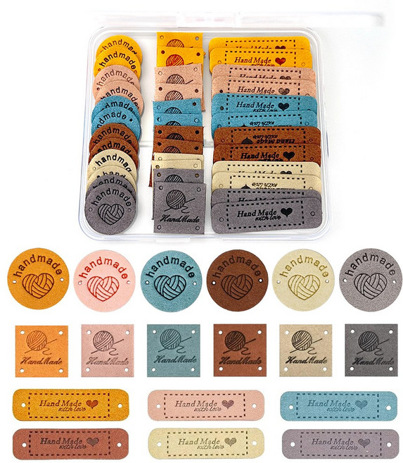 36개 수제 가죽 라벨 재봉 라벨 PU 가죽 재봉 라벨 구멍이있는 엠보싱 라벨 극세사 의류 라벨 DIY 크로 셰 뜨개질 장식용 엠보싱 직조 라벨(6가지 색상 3가지 스타일
