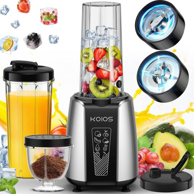 KOIOS 스무디 블렌더 쉐이크 스무디용 맥스 1000W 개인 주방용 12Pcs 커피 그라인더 카운터탑 콤보 2x22온스 테이크아웃 컵이 포함된 휴대용 BPA