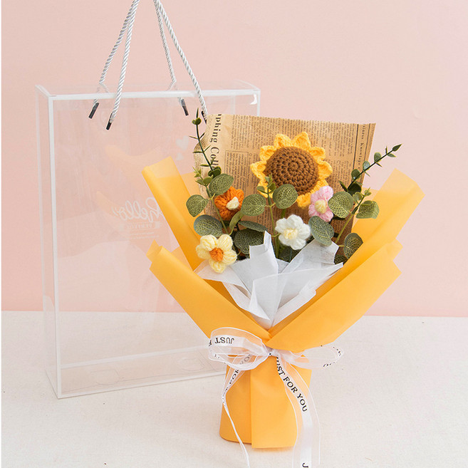 教師節毛線向日葵花束禮盒, 一葵4泡芙花黃色系 - 大PET盒, 1個