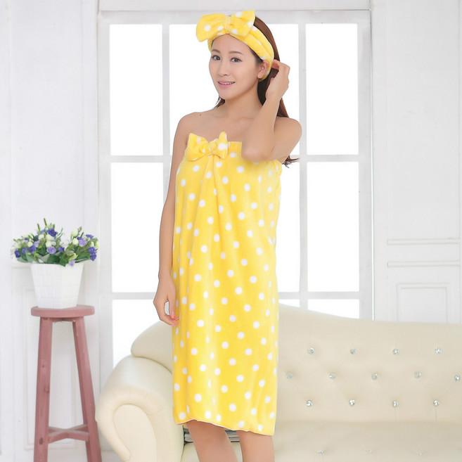 더자카 튜브탑 패턴 샤워가운 + 헤어밴드, 옐로, 1세트