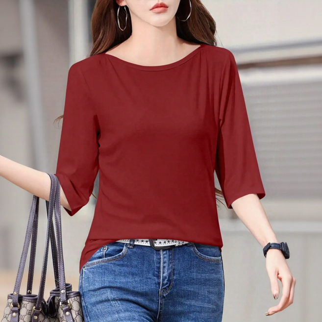 [2025신상] 여성용 심플 중소매 무지티 (5부소매) 청바지 코디 필수템 - 봄가을 데일리룩 올인원 베이직티