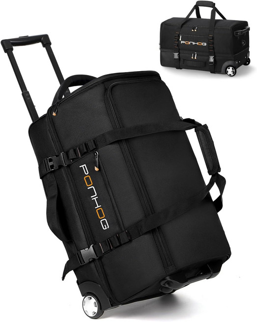 PONHOG 바퀴 달린 롤링 더플백 21-25인치 방수 여행용 캐리어 남성용 위켄더 1박2일 오버나이트백 휠백