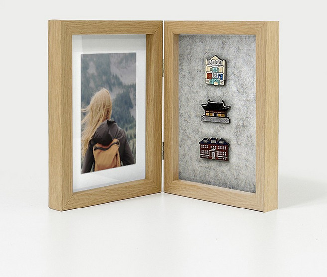 뱃지 프레임 5X7 양면 접이식 핀 뱃지 보관 액자, 1개, 오크