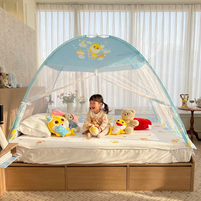 26년 NEW 핑크퐁 아기상어 유아 원터치 모기장 텐트 캐릭터 1인용, 스카이블루