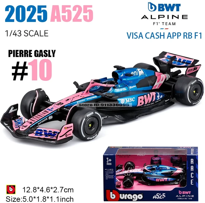 부라고 1:43 2025 F1 BWT 알파인 포뮬러 원 팀 # 피에르 가슬리 10번 프랑코 콜라피인토 합금 자동차 다이, 10 2025 A525-10