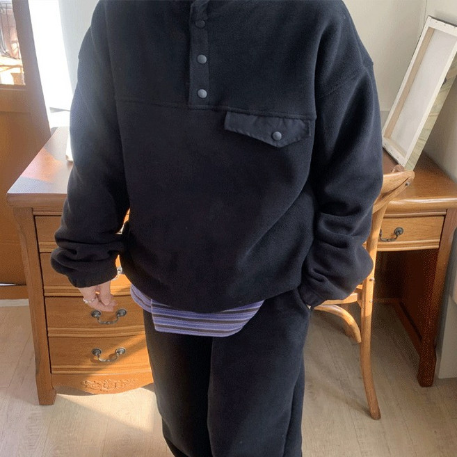 애플망고옷장 빅사이즈 남녀공용 스냅풀오버 후리스 상하의 조거 세트