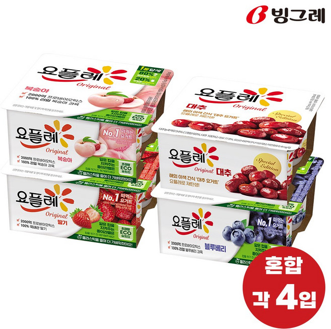 빙그레 요플레 오리지널 멀티 4종 혼합(딸기4+복숭아4+블루베리4+대추4) 총 16개, 4종 혼합, 85ml