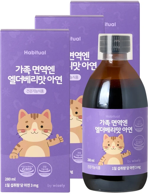 와이즐리 가족면역엔 엘더베리맛 아연, 3개, 280ml - 쿠팡
