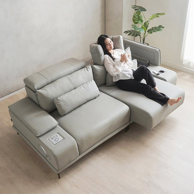 [에보니아] 알토 모션소파 리클라이너 3인용 고급형 전동슬라이딩 확장형 천연면피소가죽, 모던그레이