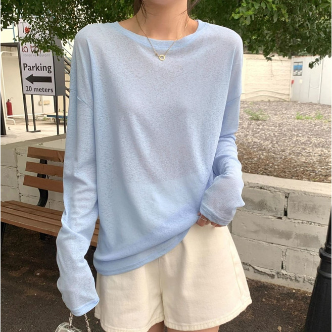 예쁨시전 라운드넥 꾸안꾸 자외선차단 얇은 긴팔 티셔츠