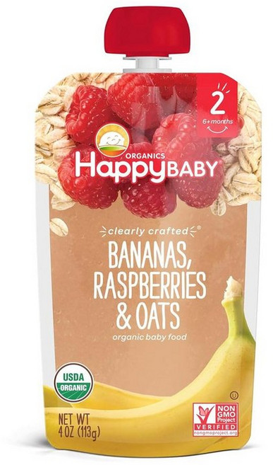 Happy Baby 6개월 유아용 과일 채소 퓌레 이유식 113g 8개, 16개, 바나나 + 라즈베리 + 오트 혼합맛