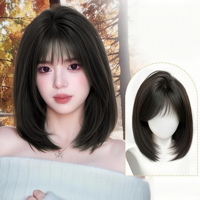 믹스알리 전체 가발 쇄골 통가발 여성 정수리 내추럴 볼륨 첫사랑 중단발레이어드컷, 1개, 01 흑차색A