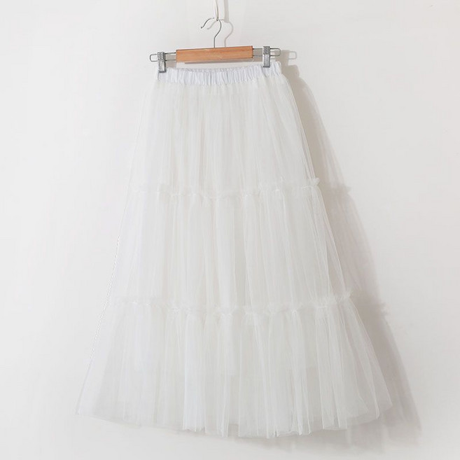 A字網紗拼接長裙，鬆緊高腰設計