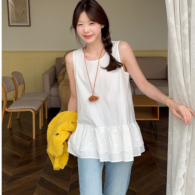 레이스 패치 나시 티셔츠 레이어드 민소매 상의